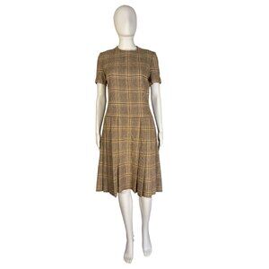 Vintage Pleated Dress Plaid Short Sleeve 1970s Dress